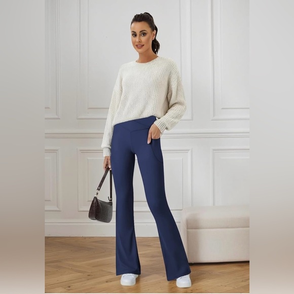 Navy Blue Flare Yoga Pants High Waisted Crossover Bootcut Leggings w Pockets - Picture 2 of 8